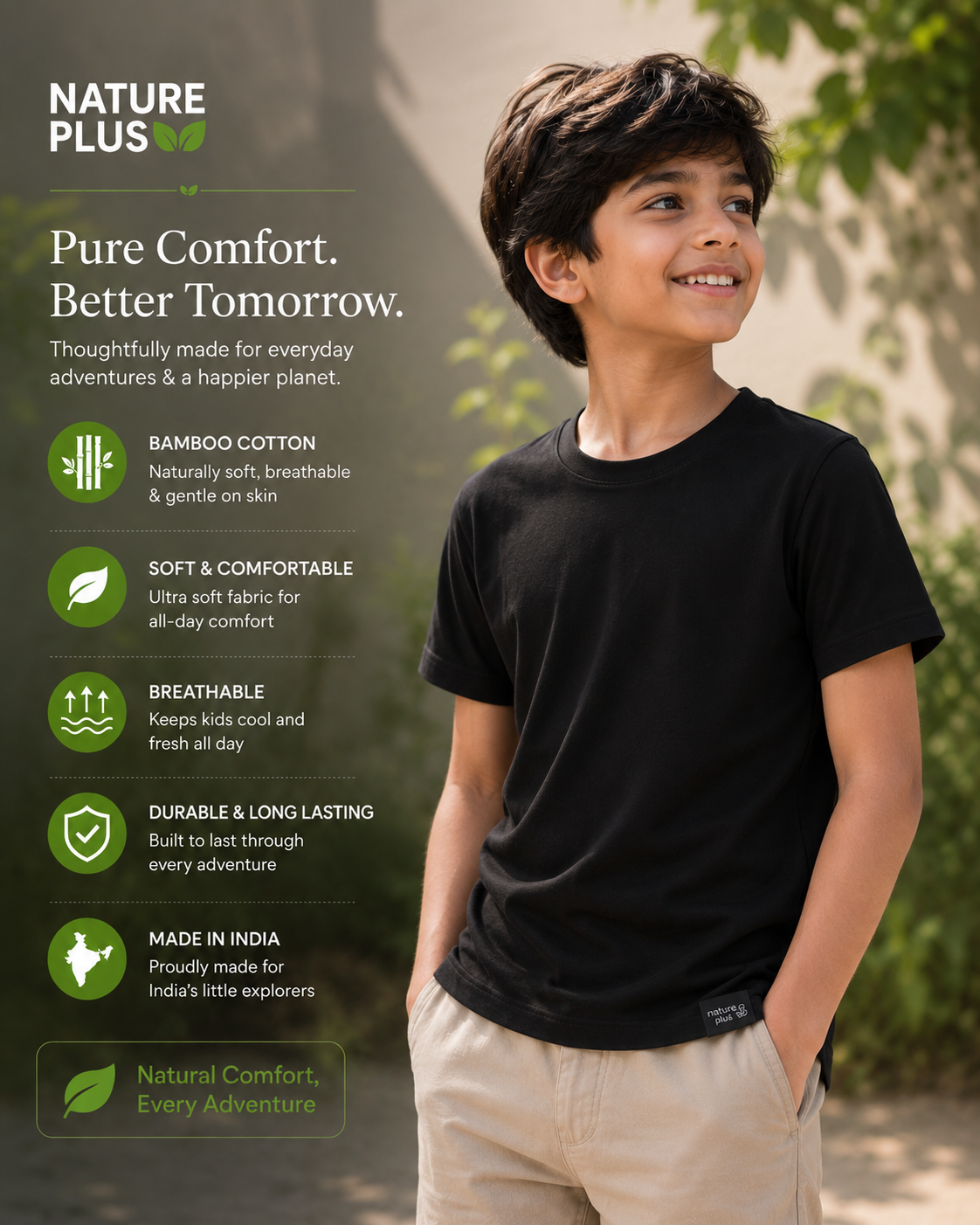 Nature Plus Kids's Lightweight Black Bamboo Half Sleeve T-Shirts Made for Indian Summers